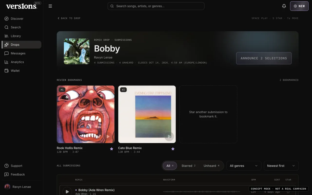 The submissions page today, with bookmarks and listening state.