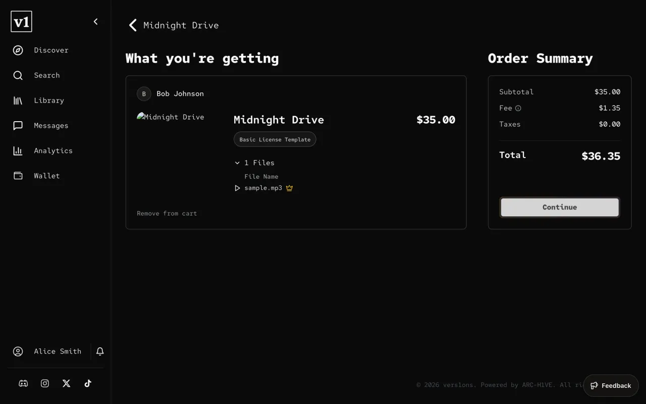 A cart-style order summary with Remove from cart, a fee and Continue.