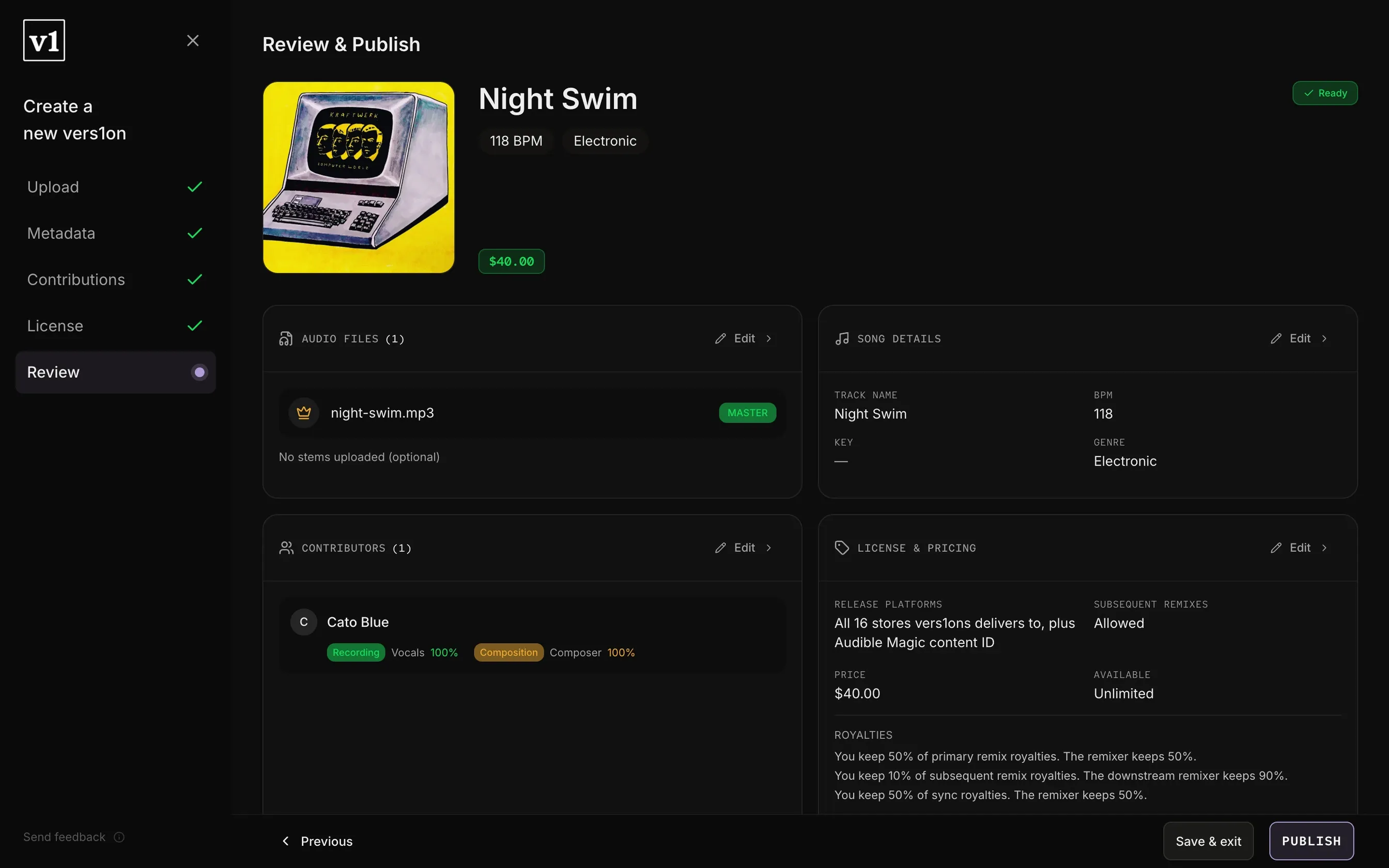 Review & Publish for Night Swim: the cover, $40.00, every step checked and Publish lit.