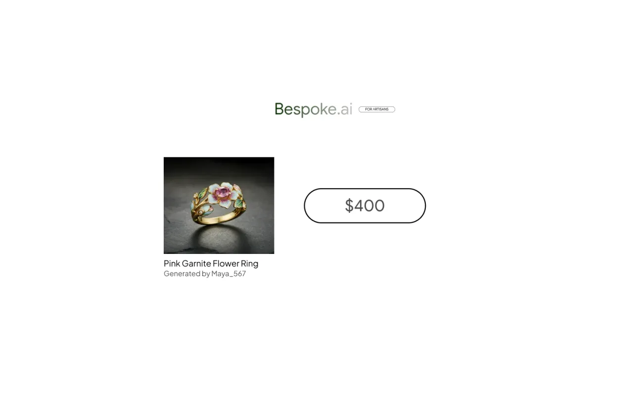 An artisan's bid of $400 on a Pink Garnite Flower Ring, generated by a buyer.