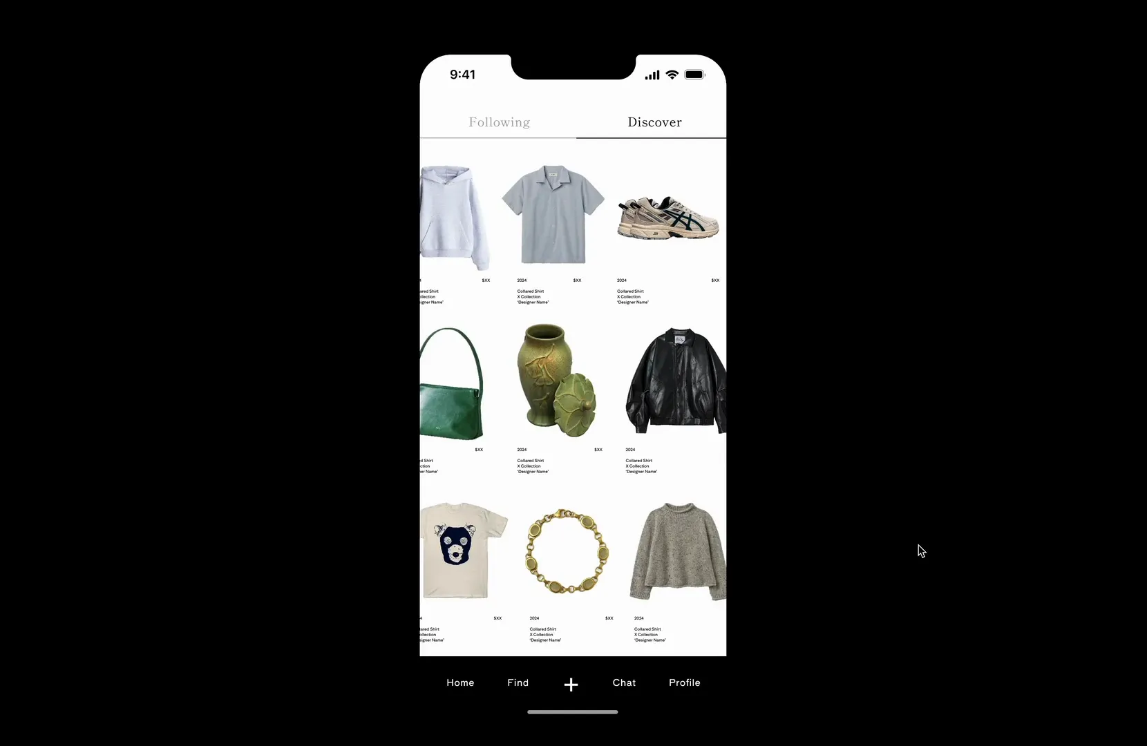 Bespoke on a phone: Discover, a feed of clothes, ceramics, and jewelry.