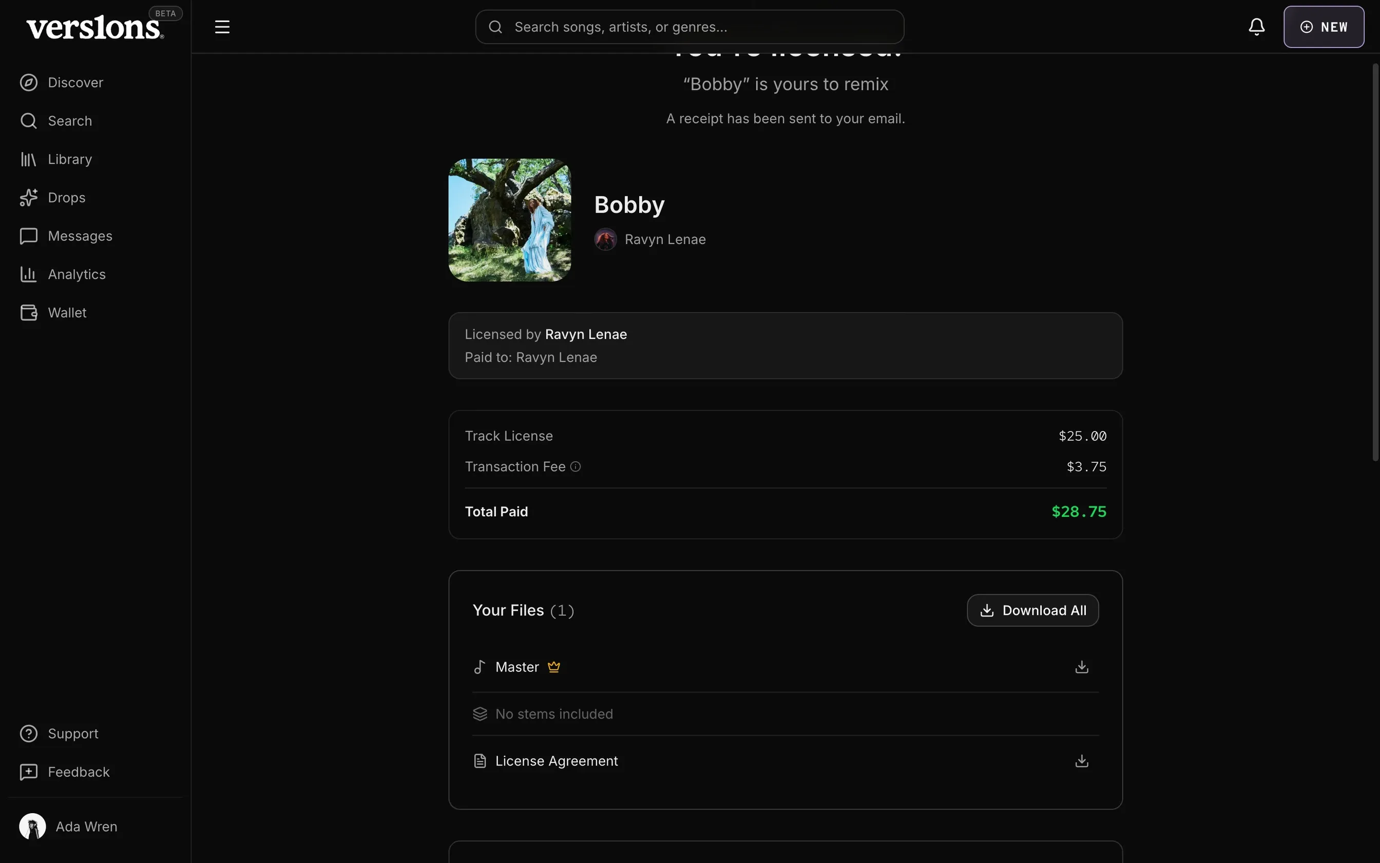 "Bobby" is yours to remix: the receipt, with the master and the license agreement to download.