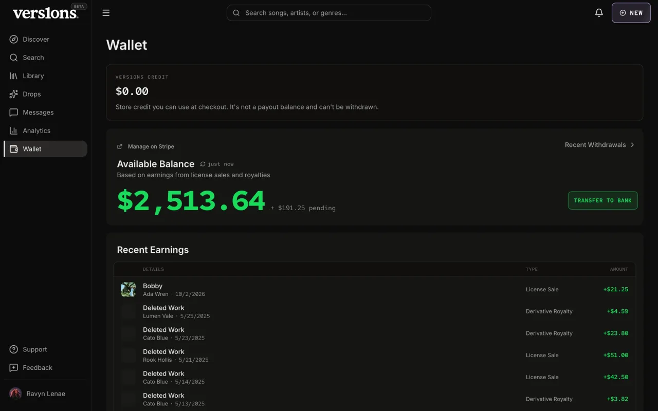 The wallet today, with credit, available balance and recent earnings.