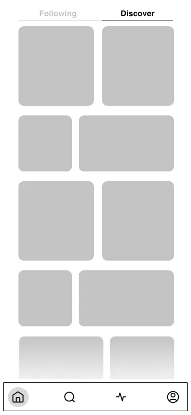 Wireframe: Following and Discover tabs over grey boxes.