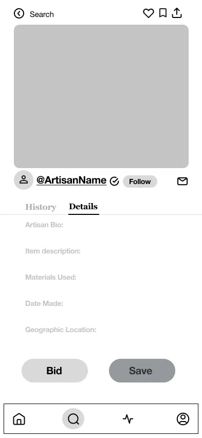Wireframe: a grey image, the artisan's name, details, and Bid and Save.
