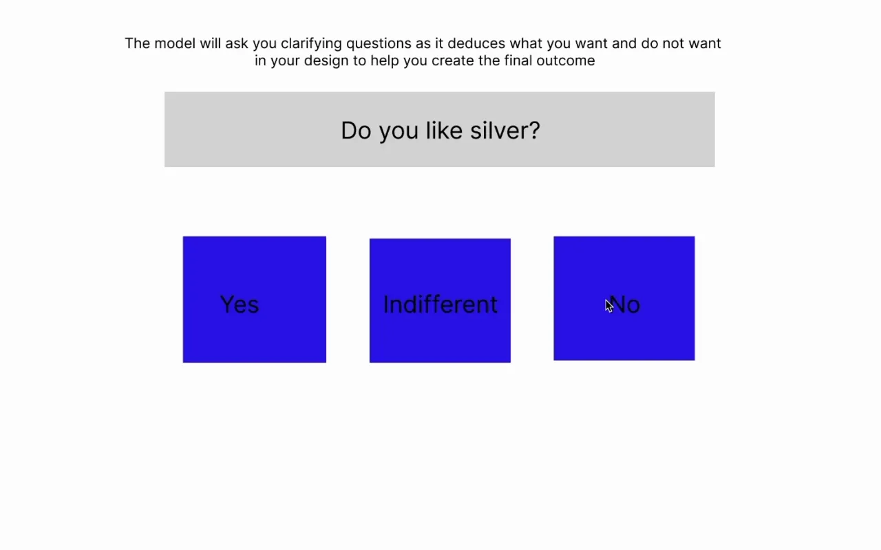 Wireframe: Do you like silver? with three blue answer boxes.