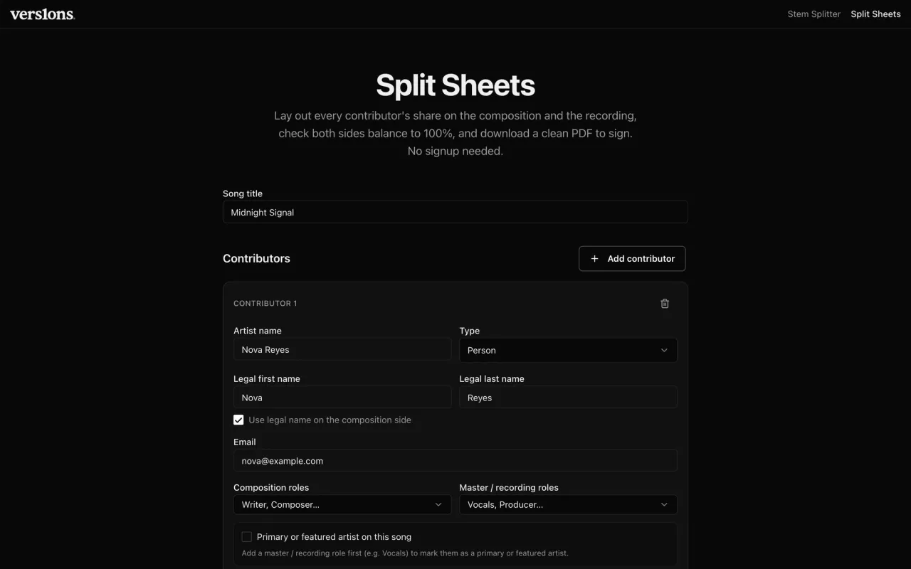 The first split sheet builder: one long form.